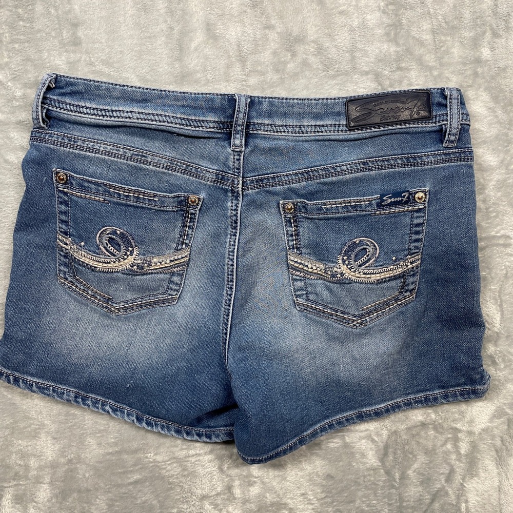 Seven7 Denim Shorts Womens 10 Blue Medium Wash Embroidered Stretch Mid Rise